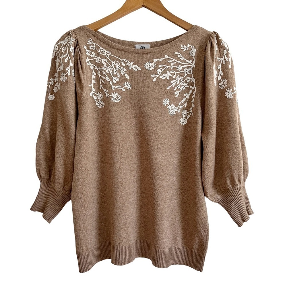 Rain + Rose Angora Blend Sweater Floral Embroidery Puff Shoulders Balloon Sleeve